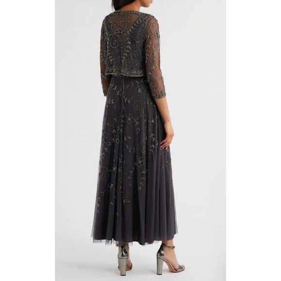 NWT Pisarro Nights Beaded Sequin Mesh Gown with Matching Jacket - Grey (Size 10) - Picture 2 of 16